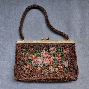 Stunning Vintage 1940s Detailed Bronze Beaded Petit Point Floral Handbag MINT